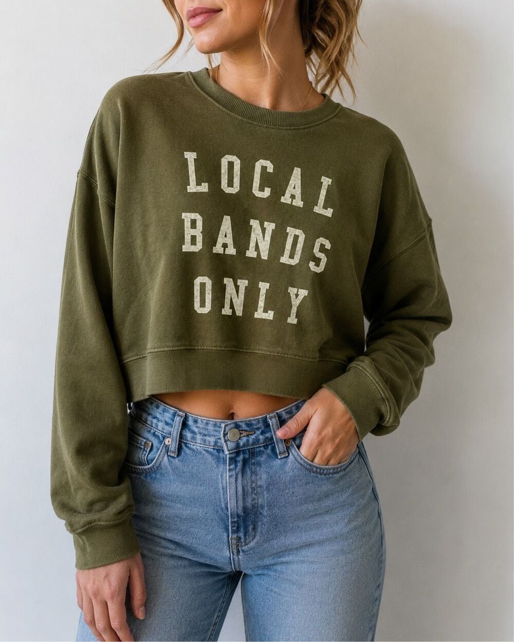 Pilcro Local Bands Only Graphic Sweatshirt Olive Green Cropped Size S